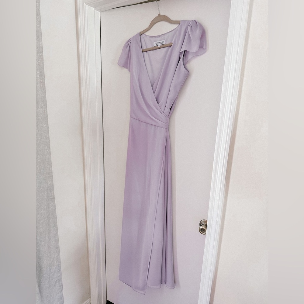 Ceremony By Joanna August, Cap-Sleeve Chiffon Wrap Dress, Lilac, size L.